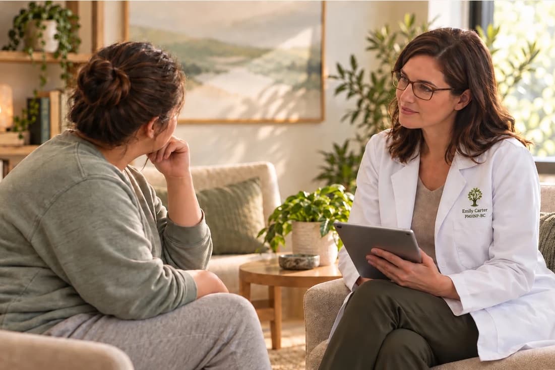 A clinician in a white coat with a tablet listens to a patient in a calm, plant-filled room.