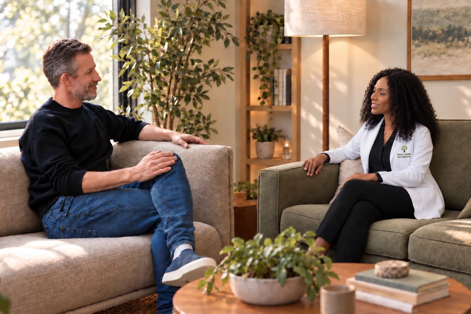 Ify Agudosi, in a white coat, listening to a patient during an unhurried conversation in a sunlit, plant-filled room.